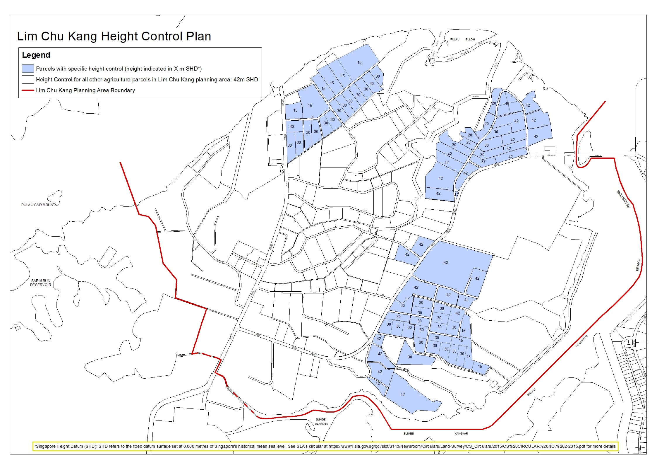 Lim Chu Kang map showing agricultural parcel height controls and planning boundary.